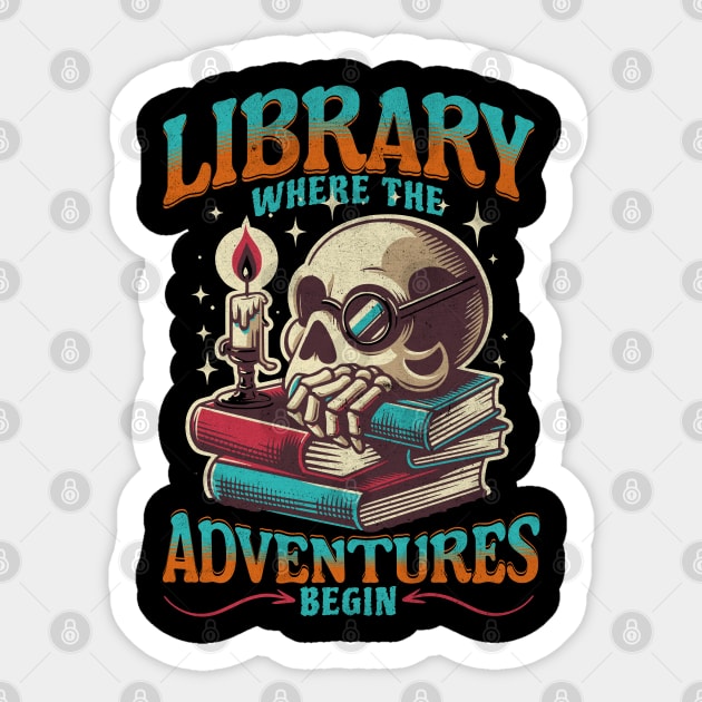 Library Adventures Begin Skull Bookworm Reader Book Lover Sticker by JJDezigns